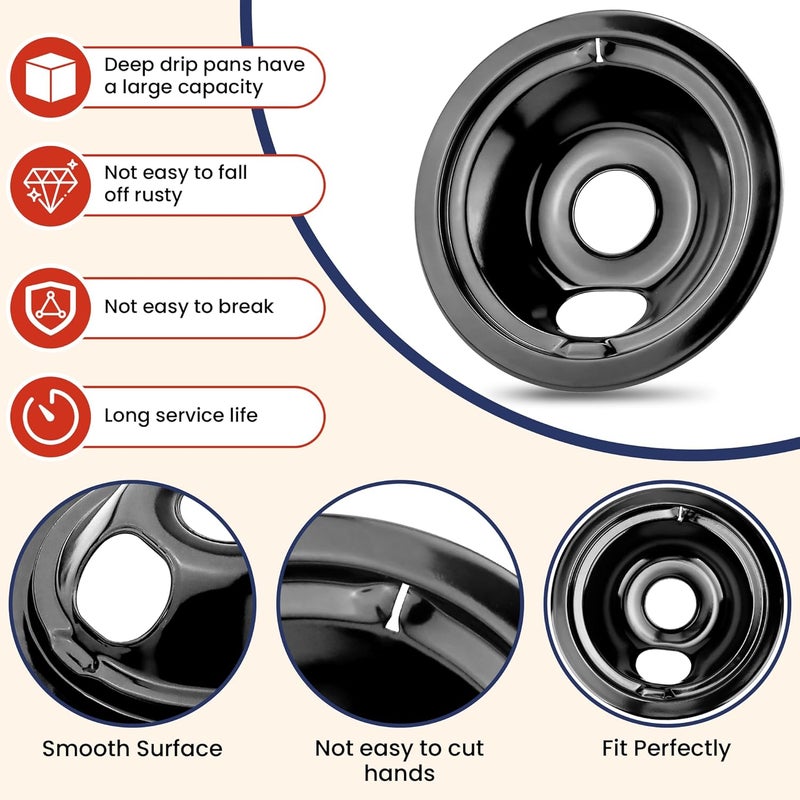 Fetechmate WB31M20 WB31M19 Black Porcelain Drip Pans Replacement for G-E Hot-point Electric Rang/Stove Electric Stove Burner Drip Pans of 4 Replace WB31T10014, WB31T10015, WB31M0019, WB31M0020-Style B - Image 3